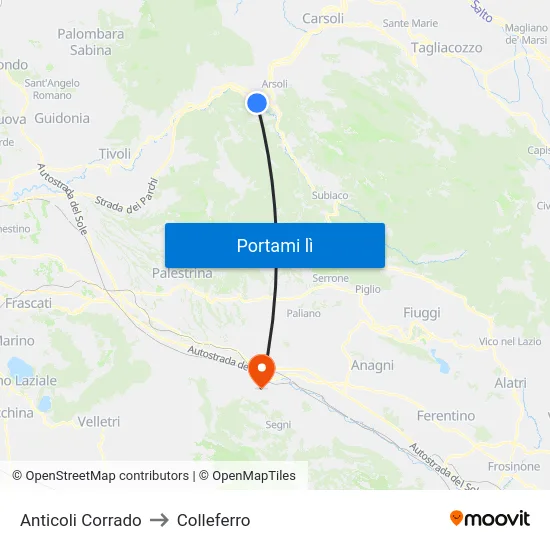 Anticoli Corrado to Colleferro map