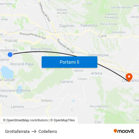 Grottaferrata to Colleferro map