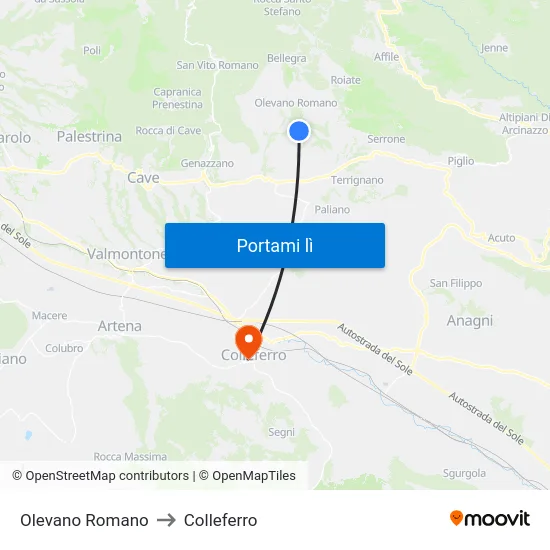 Olevano Romano to Colleferro map