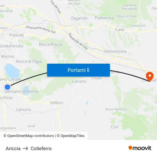 Ariccia to Colleferro map