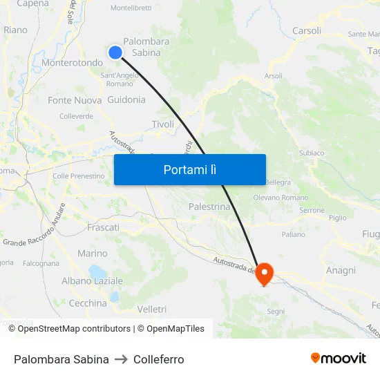 Palombara Sabina to Colleferro map