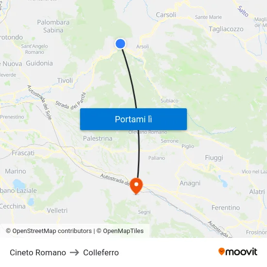Cineto Romano to Colleferro map