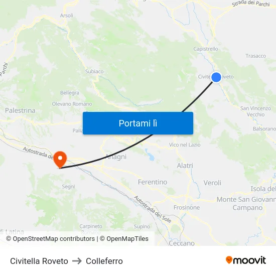 Civitella Roveto to Colleferro map