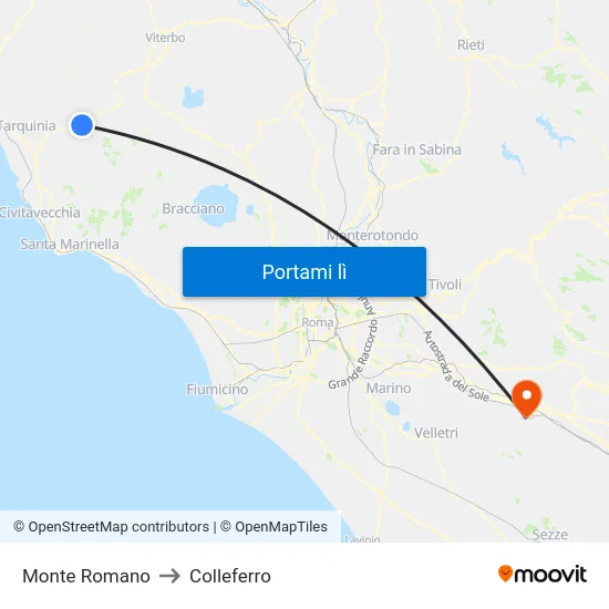 Monte Romano to Colleferro map