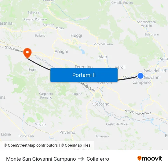 Monte San Giovanni Campano to Colleferro map