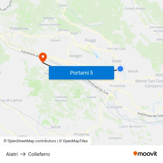 Alatri to Colleferro map