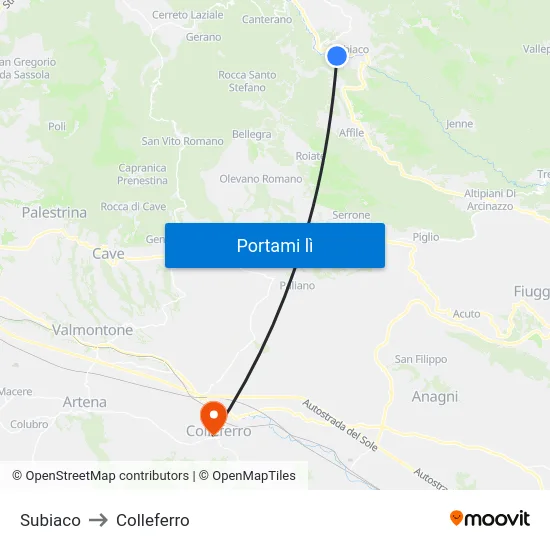 Subiaco to Colleferro map
