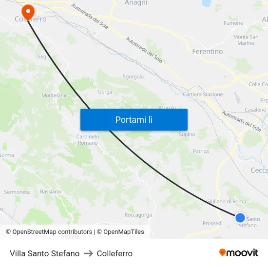 Villa Santo Stefano to Colleferro map