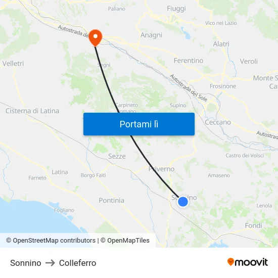 Sonnino to Colleferro map