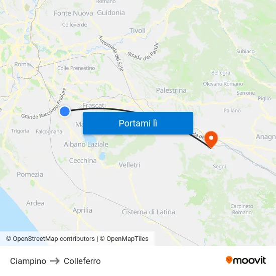 Ciampino to Colleferro map