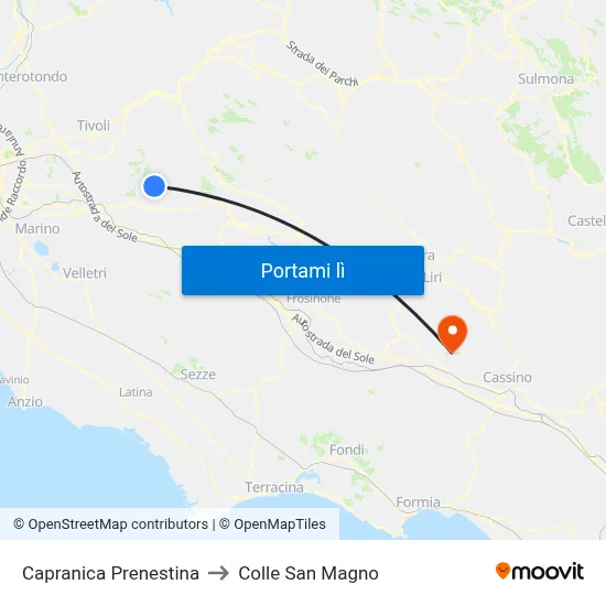 Capranica Prenestina to Colle San Magno map