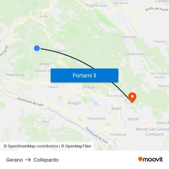 Gerano to Collepardo map