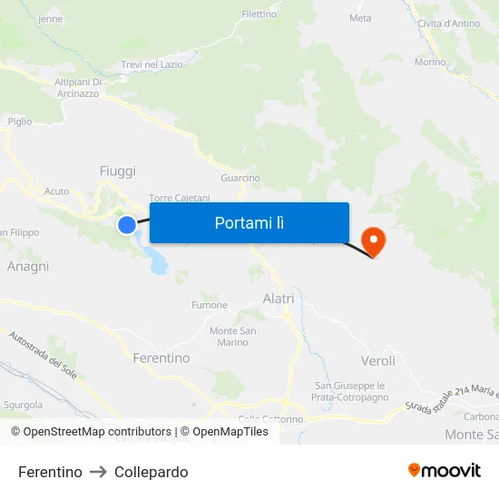 Ferentino to Collepardo map