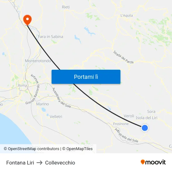 Fontana Liri to Collevecchio map