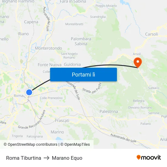 Roma Tiburtina to Marano Equo map