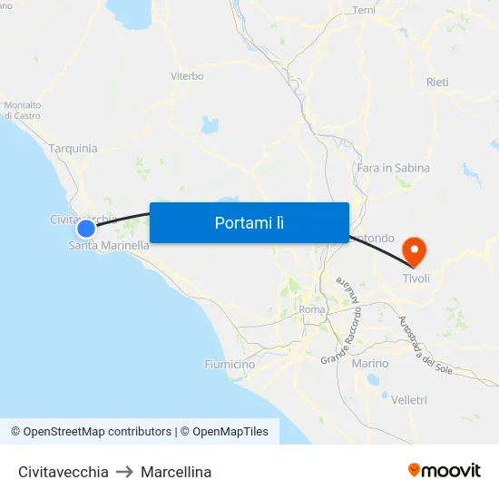 Civitavecchia to Marcellina map