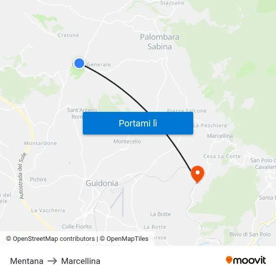 Mentana to Marcellina map