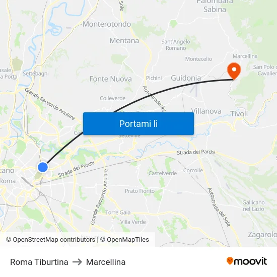 Roma Tiburtina to Marcellina map