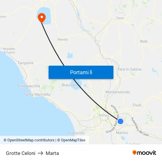 Grotte Celoni to Marta map
