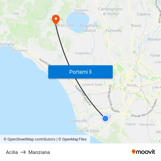 Acilia to Manziana map