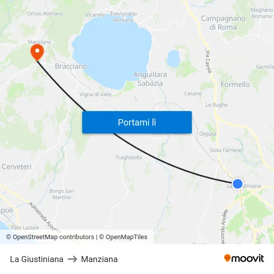 La Giustiniana to Manziana map
