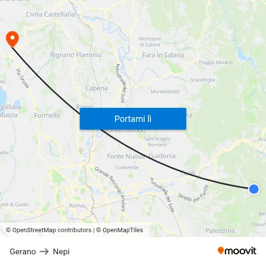 Gerano to Nepi map