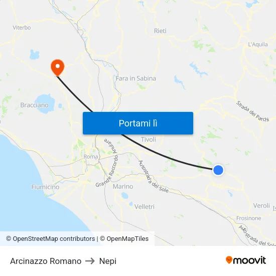 Arcinazzo Romano to Nepi map