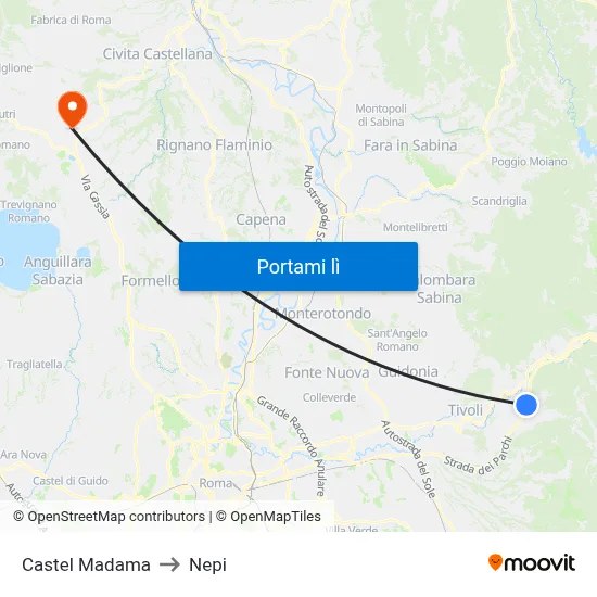 Castel Madama to Nepi map