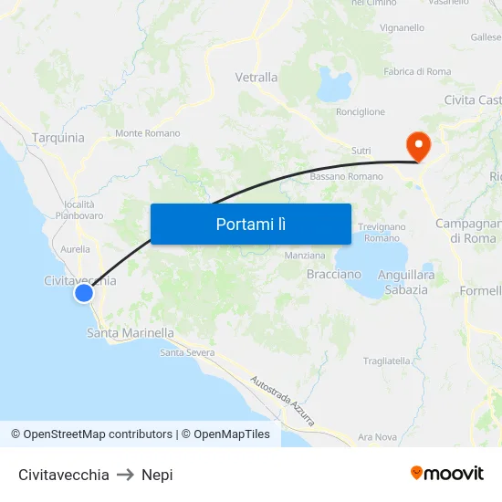 Civitavecchia to Nepi map