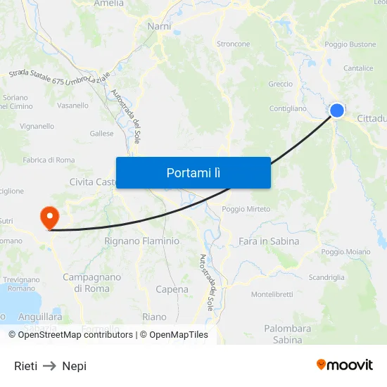 Rieti to Nepi map