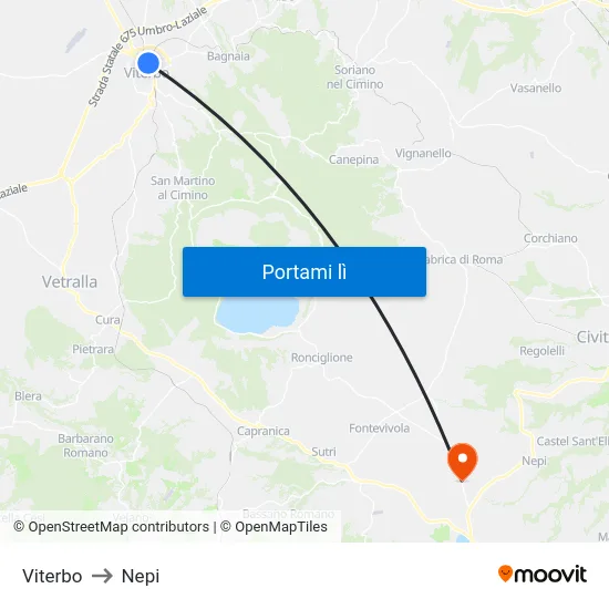 Viterbo to Nepi map