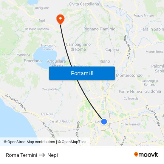 Roma Termini to Nepi map