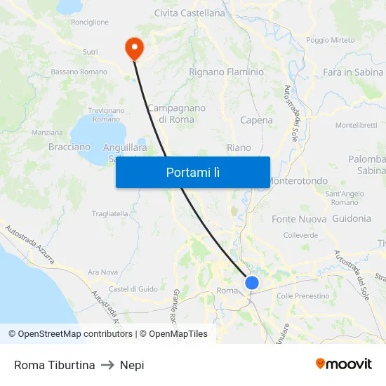 Roma Tiburtina to Nepi map