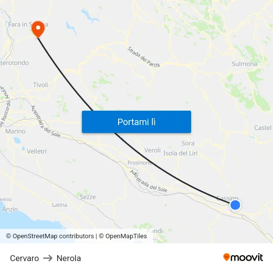 Cervaro to Nerola map