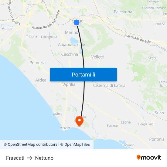 Frascati to Nettuno map