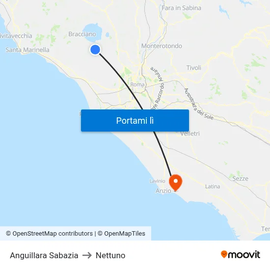 Anguillara Sabazia to Nettuno map