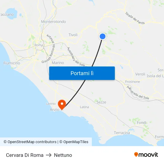 Cervara Di Roma to Nettuno map