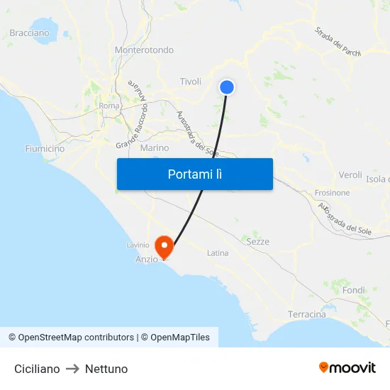 Ciciliano to Nettuno map