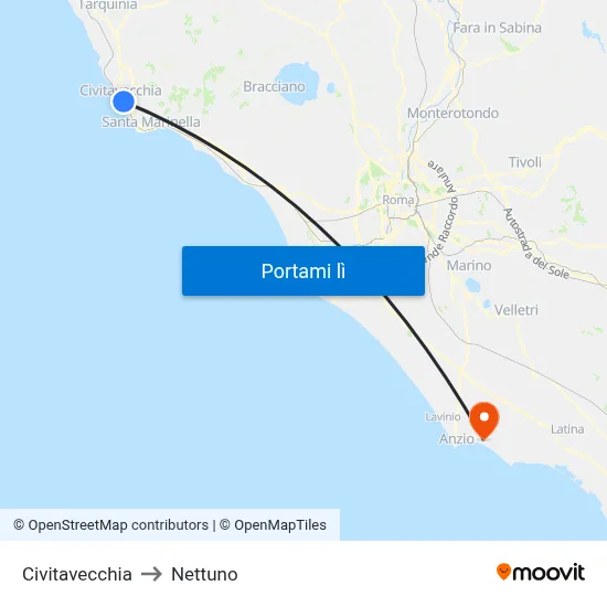 Civitavecchia to Nettuno map