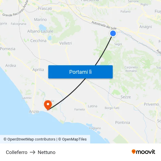 Colleferro to Nettuno map