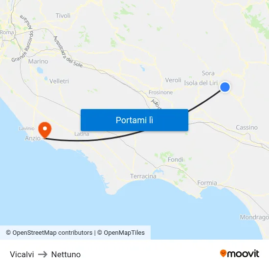 Vicalvi to Nettuno map