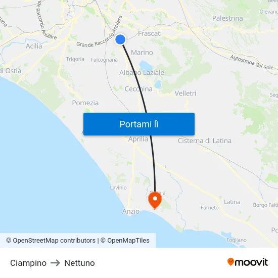 Ciampino to Nettuno map