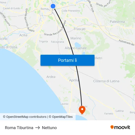 Roma Tiburtina to Nettuno map