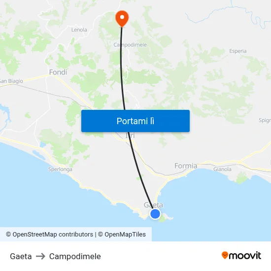 Gaeta to Campodimele map