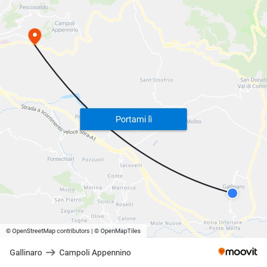 Gallinaro to Campoli Appennino map