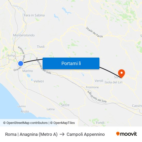 Roma | Anagnina (Metro A) to Campoli Appennino map