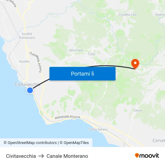Civitavecchia to Canale Monterano map