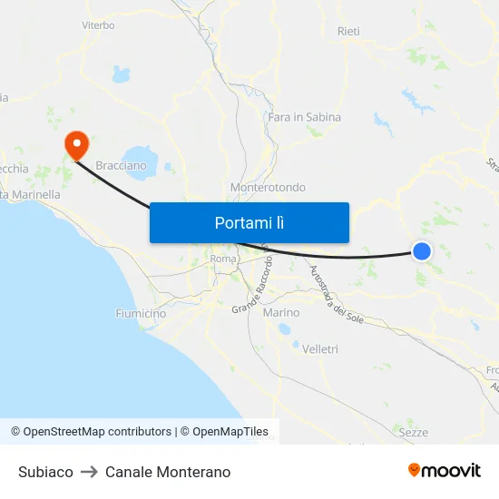 Subiaco to Canale Monterano map