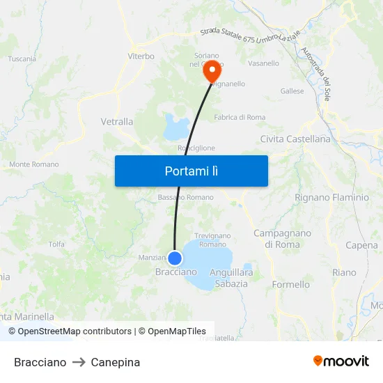 Bracciano to Canepina map