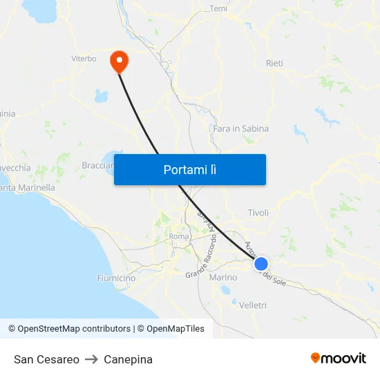 San Cesareo to Canepina map